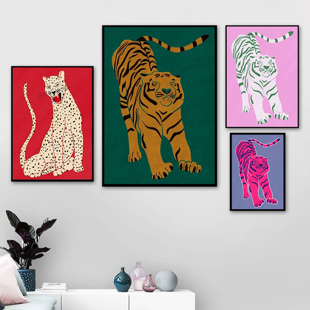 Abstract Animal Beast Posters Prints Red Pink Green Tiger Doesnt Lose Sleep Canvas Painting Wall Art Pictures Nordic Home Decor - NICEART