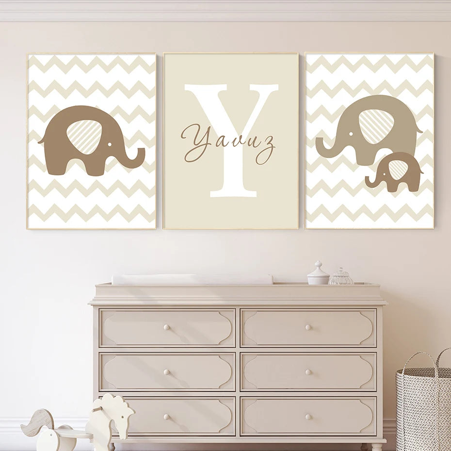 Custom Name Initial Letter Canvas Painting Elephant Animals Baby Nursery Wall Art Poster Pictures Kids Room Bedroom Home Decor - niceart