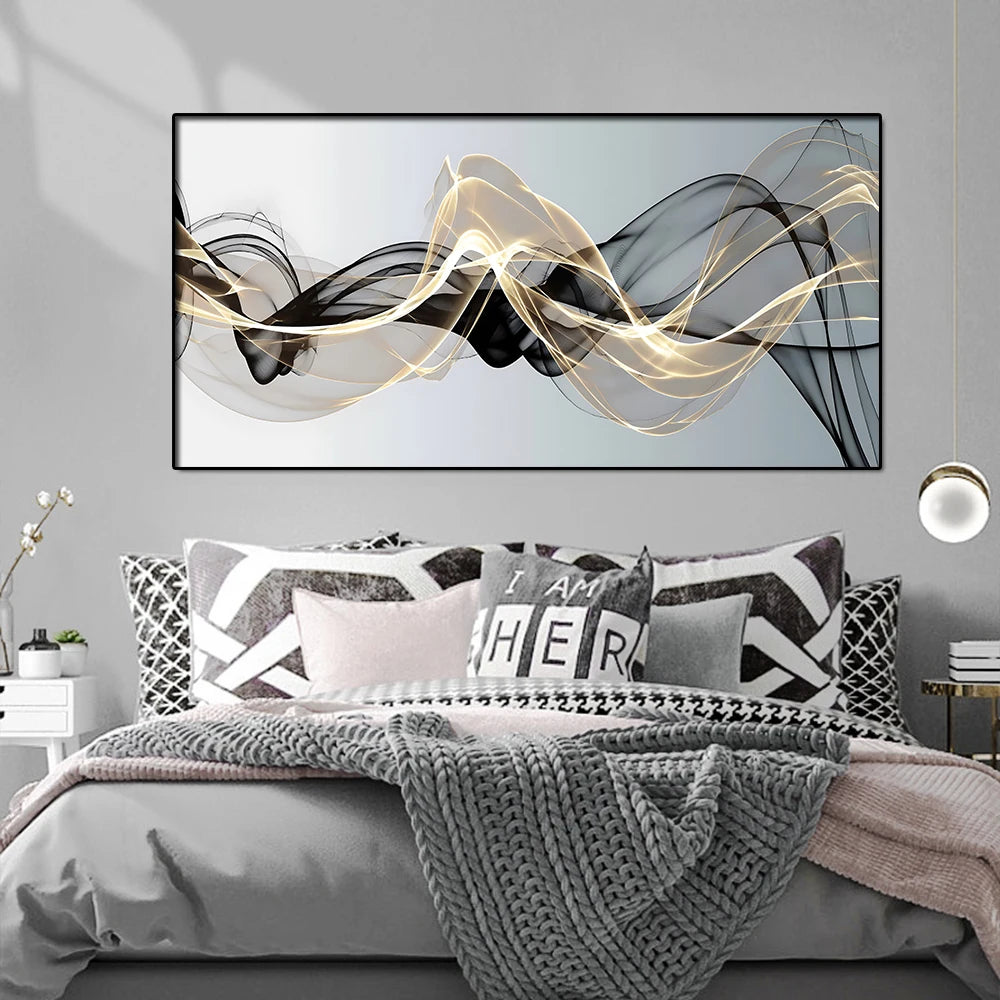 Abstract Black Gold Silk Ribbon Painting Gallery Wall Art Modern Luxury Canvas Painting Print Poster for Home Room Cuadros Decor - NICEART