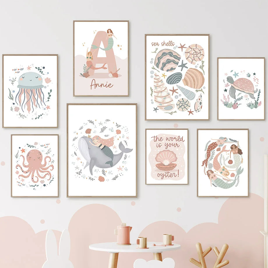Cartoon Sea Animals Whale Mermaid Custom Baby Name Posters Nursery Canvas Painting Wall Art Print Picture Kids Girls Room Decor - NICEART