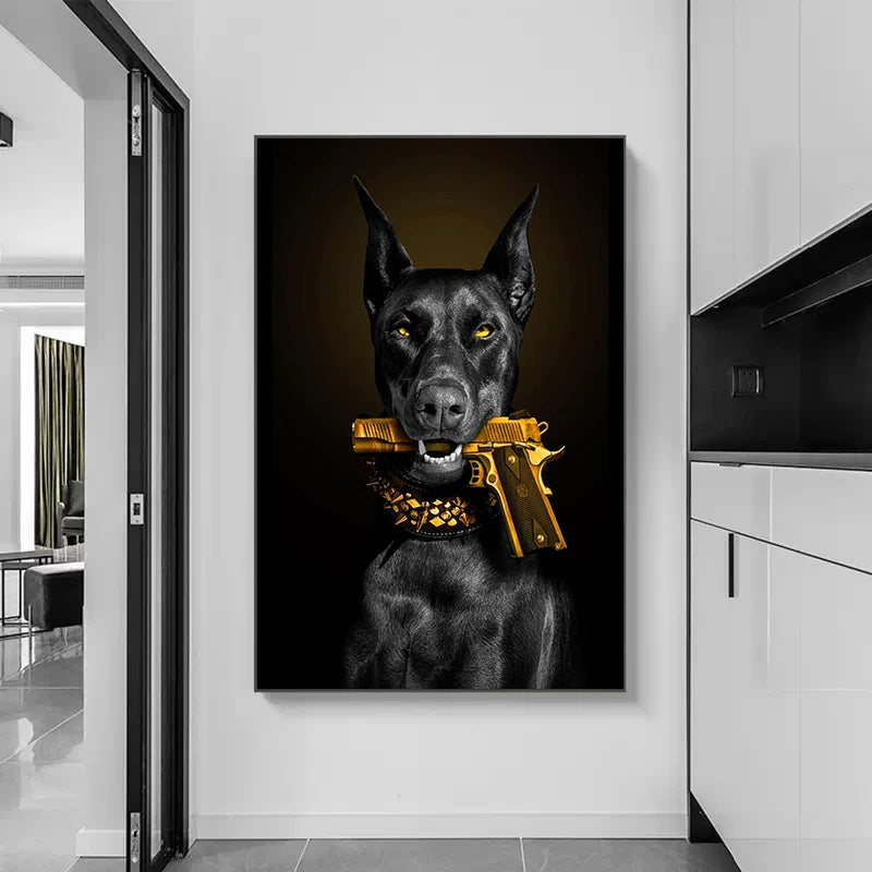 Fashion Black Doberman Dog Lion With A Pistol Poster Canvas Painting Luxury Animal Wall Art Picture For Living Room Home Decor - NICEART