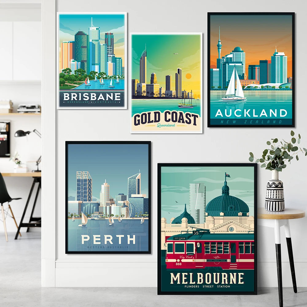 Gold Coast Melbourne Auckland Oceania Perth Travel Prints Brisbane Australia Posters Canvas Painting Nordic Decor Wall Pictures - NICEART