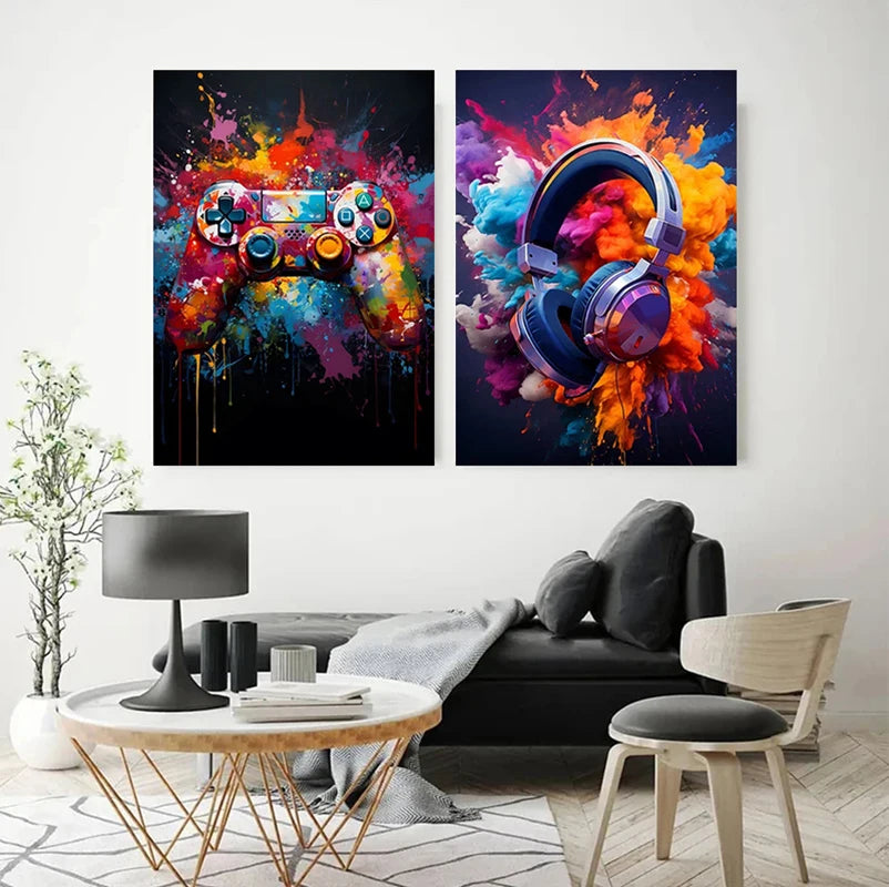 Colorful Neon Lights Sunglasses Cat Posters Prints Earphones Game Controllers Canvas Paintings Wall Art Pictures for Home Decor - NICEART