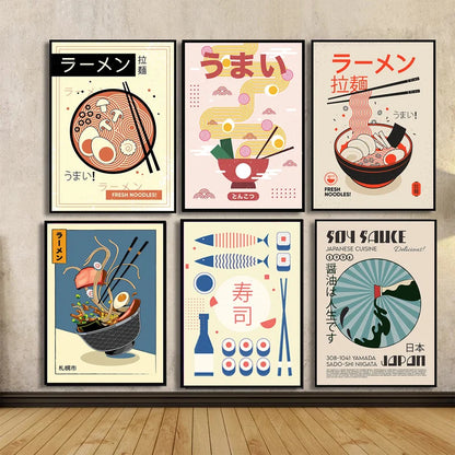 Ramen with Egg Japanese Sushi Shochu Food Wall Art Canvas Painting Nordic Posters Retro Kitchen Restaurant Wall Decor Picture - NICEART