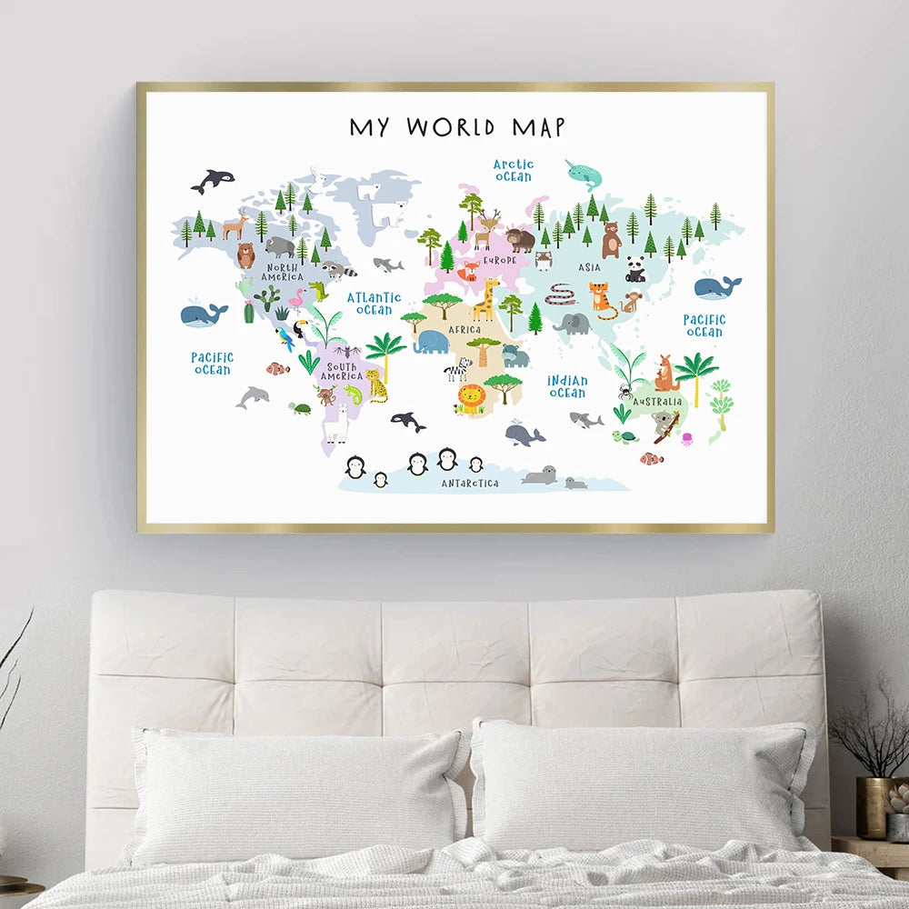 Cartoon Animal Ocean World Map Child Poster Nursery Canvas Print Baby Enlightenment Wall ArtKid Bedroom Decor Picture Painting - NICEART