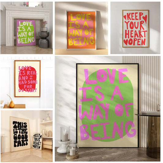 Maximalist 'Love Is A Way Of Being' Colorful Pink Love Quote Poster Wall Art Canvas Painting For Living Room Eclectic Home Decor - NICEART