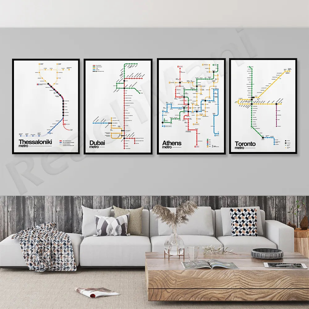 Thessaloniki Greece, Athens Metro, Montreal Metro Canada, Dubai Metro, Toronto Canada 2021 Metro Map Typographic Poster - NICEART