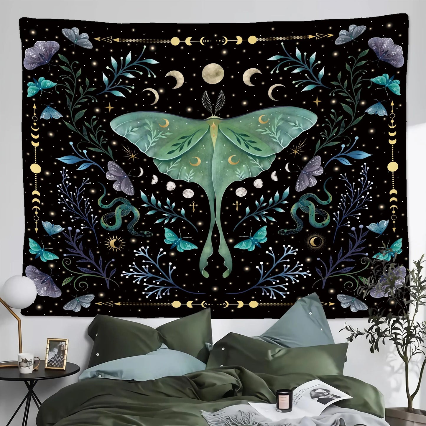 Tree of Life Tapestry Wall Hanging Moon Phase Snake Tapestries Trippy Bohemia Hippie Mushroom Moth Floral for Living Room Bedroo