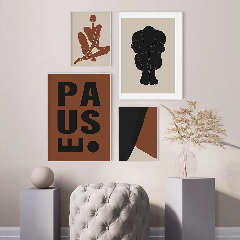 PAUSE Quote Poster Terracotta Neutral Abstract Art Print Geometric Shapes Canvas Painting Wall Picture Living Room Home Decor - NICEART