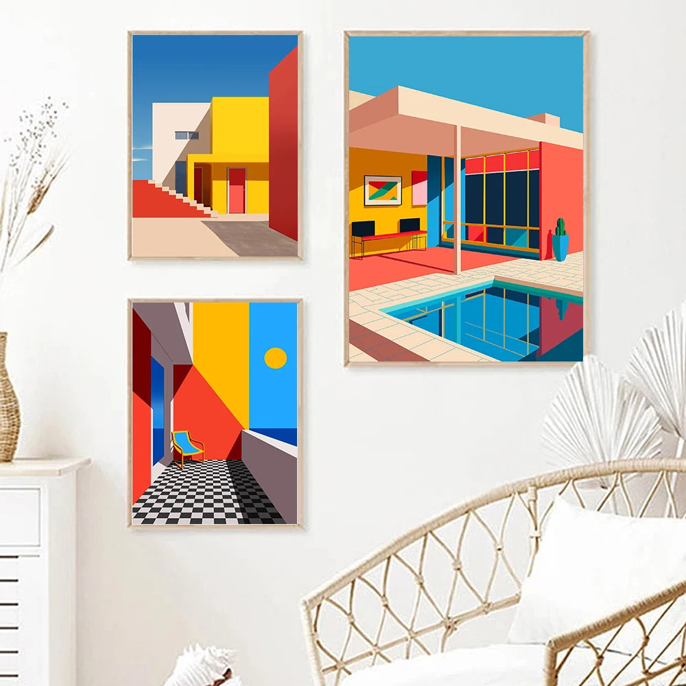 Colorful Balcony Poolside Rooftop Giclee Illustration Modern Rule Build Poster Print Decor Abstract Wall Art Canvas Painting - NICEART