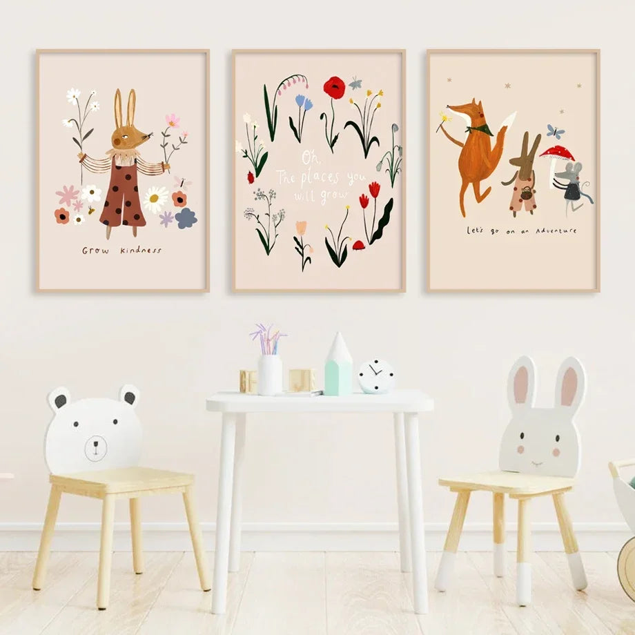 Dog Rabbit Goose Bear Fox Mouse Wildflower Cartoon Poster Wall Art Canvas Painting and Prints Wall Pictures Baby Kids Room Decor - NICEART