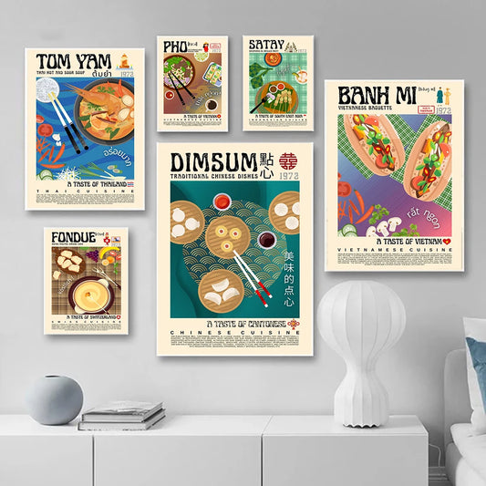 Dimsum Tom Yam Satay Pho Paratha Fondue Poster Vintage Style Asian Cuisine Foods Canvas Painting Modern Kitchen Decor Prints - NICEART