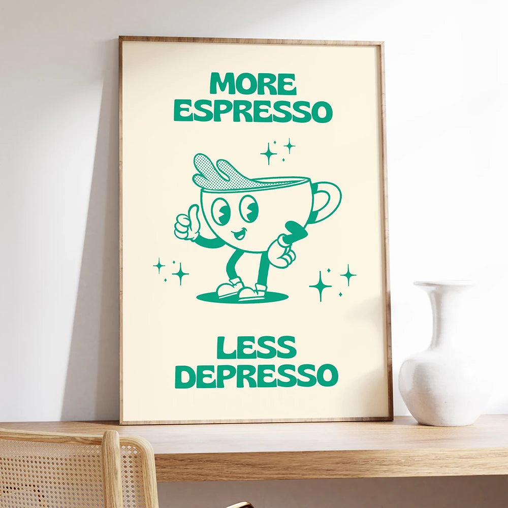 Retro Cartoo Character Coffee Canvas Painting Print Fun Kitchen Poster More Espresso Less Depresso Quotes Wall Art Picture Decor - niceart