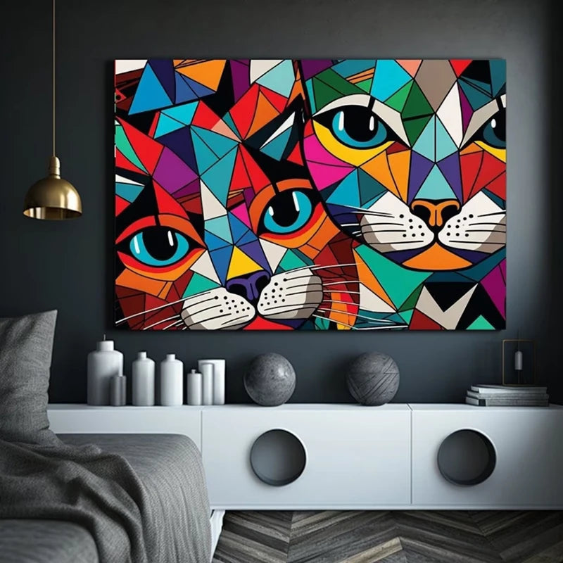 Abstract Cats Wall Art Canvas Painting Animal Posters and Prints Geometric Abstract Art Pictures For Living Room Home Wall Decor - NICEART