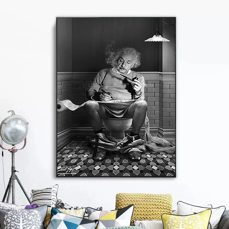 Black And White Einstein Reading Newspaper Poster Canvas Painting Funny Toilet Wall Art Picture For Bathroom Home Decoration - NICEART