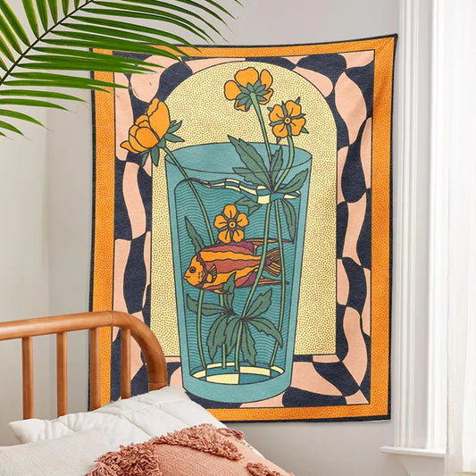 Vintage Inspired Tapestry Wall Hanging Psychedelic vase goldfish flower Decor Minimalist Print Bohemian Art Wall Decor Mural - NICEART
