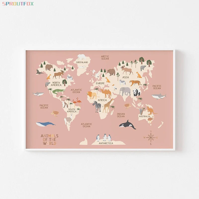 Cartoon Animal Theme World Map Canvas Painting Educational Wall Art Nursery Posters and Prints Decoration Painting Kids Room - NICEART