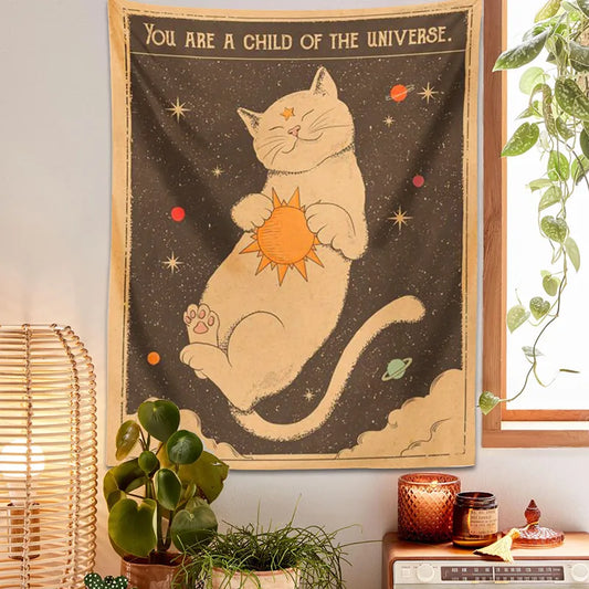 Sun moon Tarot Cat Tapestry  Wall Hanging Witchcraft you are a child of the universe Bohemia Home Decor Hippie Bedroom Decor