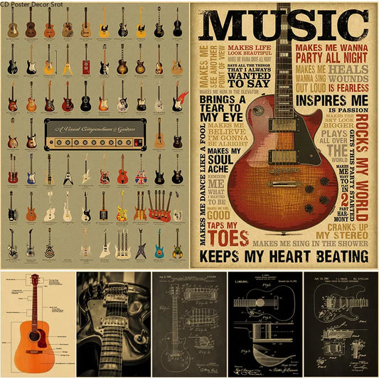 Guitar Collection Poster Prints Kraft Paper Posters DIY Vintage Home Room Bar Cafe Music Club Decor Aesthetic Art Wall Painting - NICEART