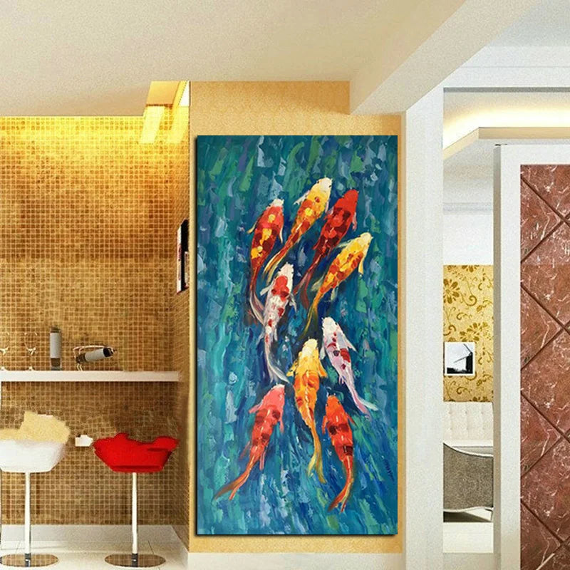 Wall Art Picture Chinese Style Abstract Nine Koi Fish Landscape Oil Painting On Canvas Print Poster For Living Room Modern Decor - NICEART