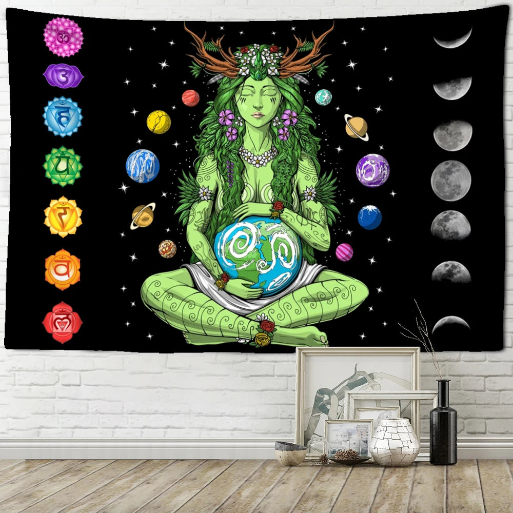 Green Girl Seven Chakra Tapestry Wall Hanging Abstract Psychedelic Witchcraft Art Bohemian Dormitory Living Room Home Decor