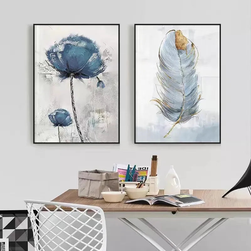 Abstract Art Painting Nordic Living Room Decor Picture Blue Gold Plant Leaves Canvas Poster Print Modern Home Decor Wall - NICEART