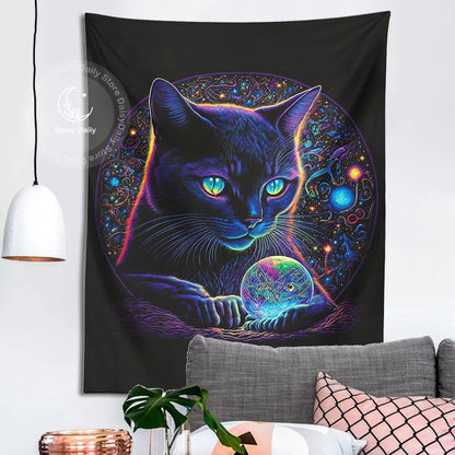 Blacklight Cat Tapestry Trippy Magic Black Cat Looking Into His Crystal Ball Boho Art Style Decor Home for Living Room Wall Art