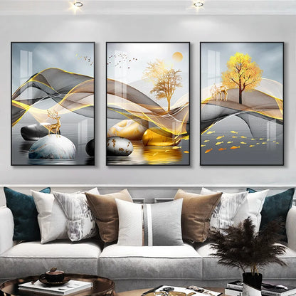 3 Pieces Nordic Luxury Ribbon Abstract Landscape Wall Art Canvas Paintings Modern Gold Deer Poster Print Picture for Home Decor - NICEART