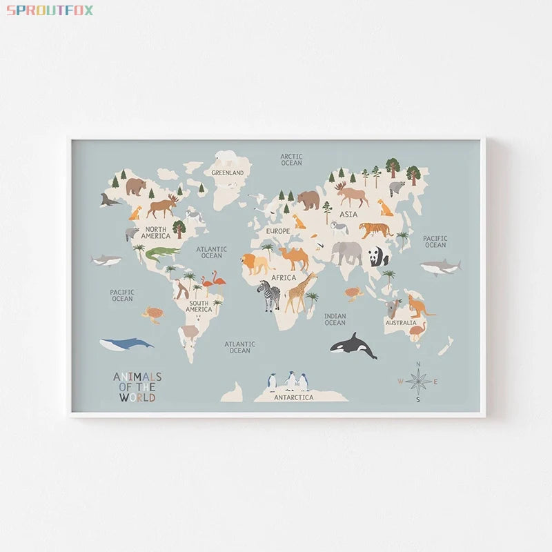 Cartoon Animal Theme World Map Canvas Painting Educational Wall Art Nursery Posters and Prints Decoration Painting Kids Room - NICEART