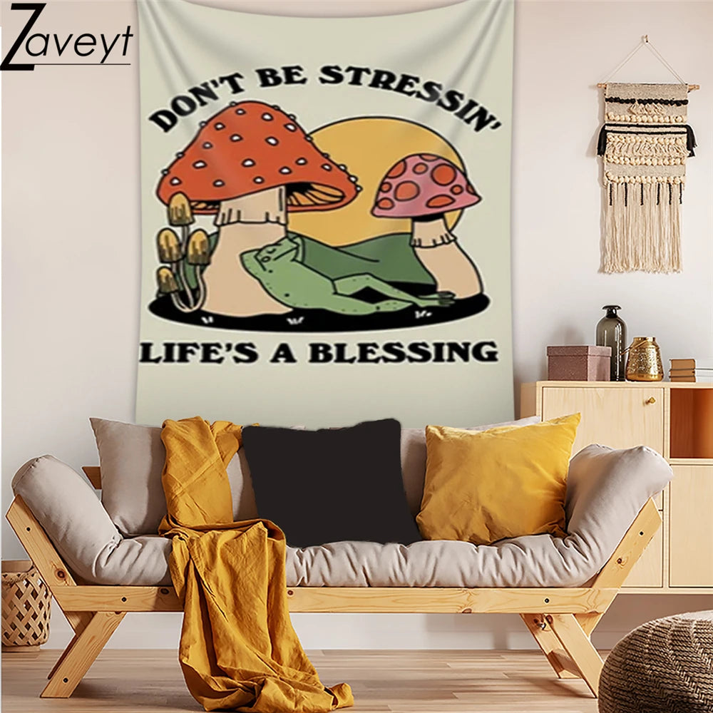 Cartoon Dancing Frog Mushroom Tapestry Print "Take more chances,dance more dances" Letter Wall Cloth 70's80's Disco Hippie