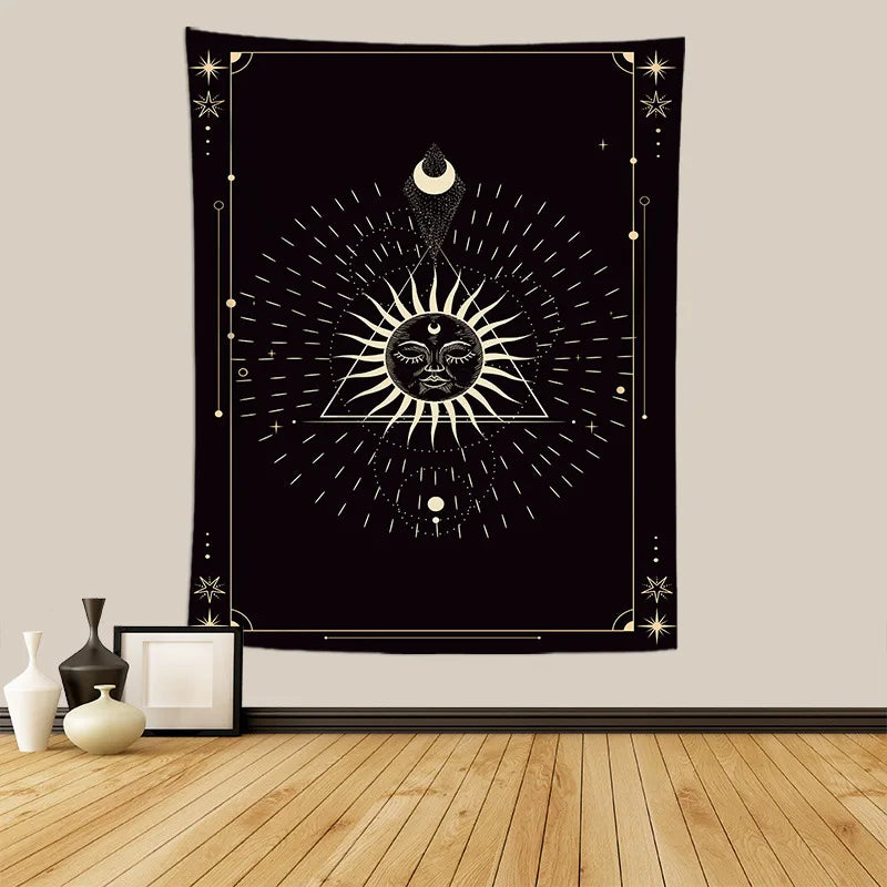 Tarot Cat on Moon Psychedelic Tapestry Wall Hanging Black White Mysterious Divination Witchcraft Tapestries Hippie Decor
