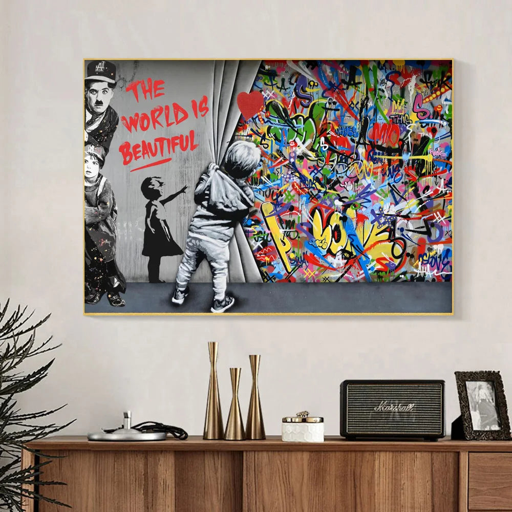 Abstract Watercolor Comedy Master With Kid Banksy Posters And Prints Graffiti Curtain Street Art Canvas Wall Painting Decoration - NICEART