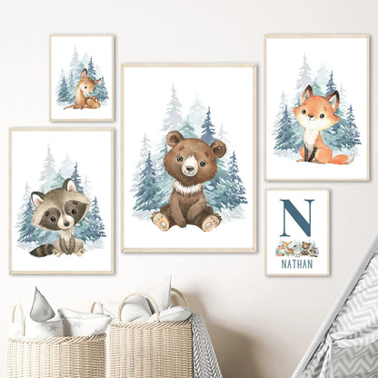 Personalized Woodland Animal Fox Bunny Nursery Wall Art Canvas Painting Nordic Posters And Prints Wall Pictures Kids Room Decor - NICEART