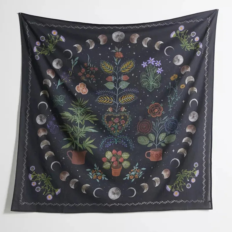 Moon Phase Tapestry Wall Hanging Botanical Celestial Floral Wall Tapestry Hippie Flower Wall Carpets Dorm Decor Starry SkyCarpet - NICEART