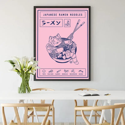 Japanese Ramen Painting Animal Cat Cartoon Posters and Prints Wall Picture Noodles Food Kids Kitchen Room Decoration for Home - NICEART