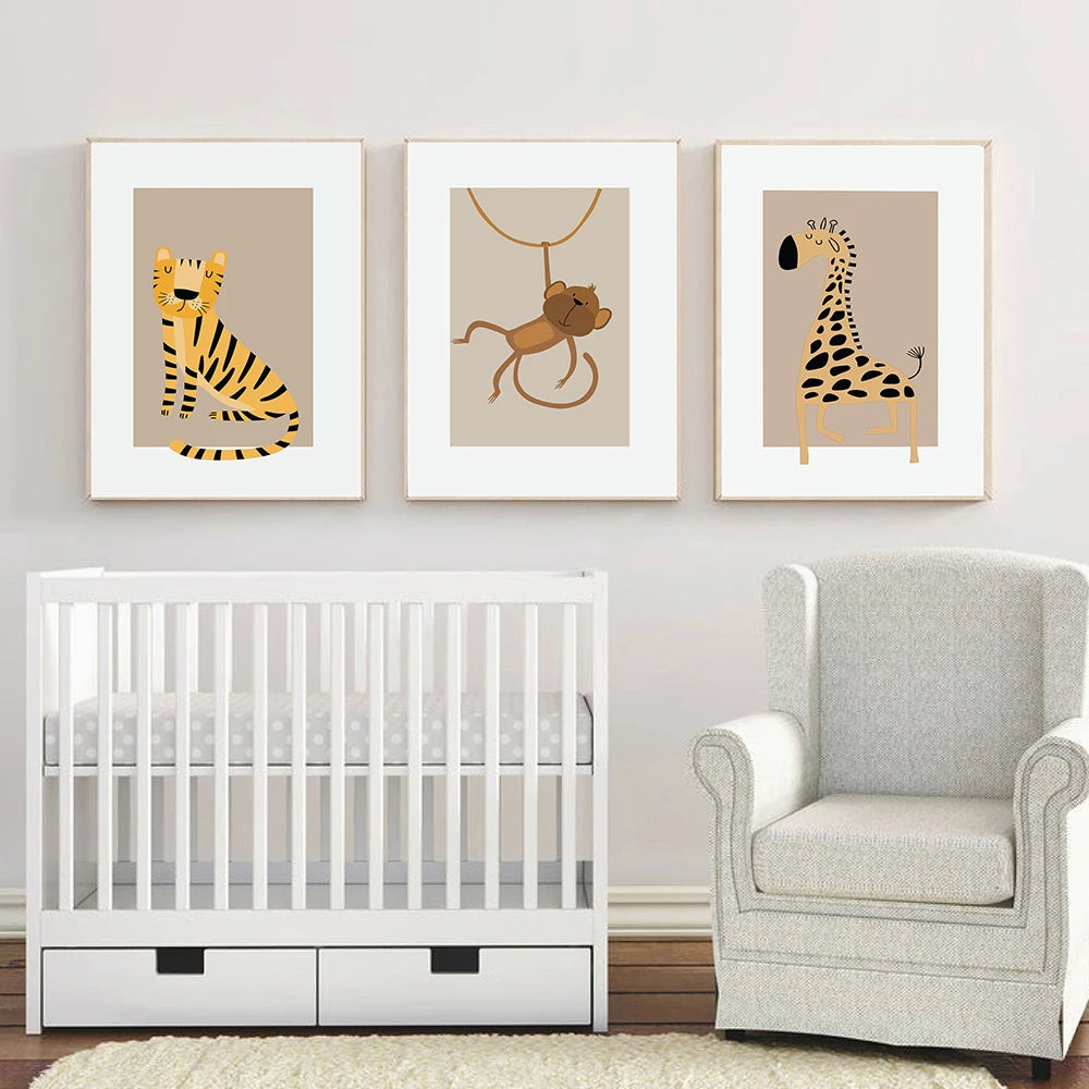 Safari Animals Lion Giraffe Zebra Tiger Monkey Poster Print Canvas Painting Nursery Wall Art Picture Nordic Kids Bedroom Decor - niceart