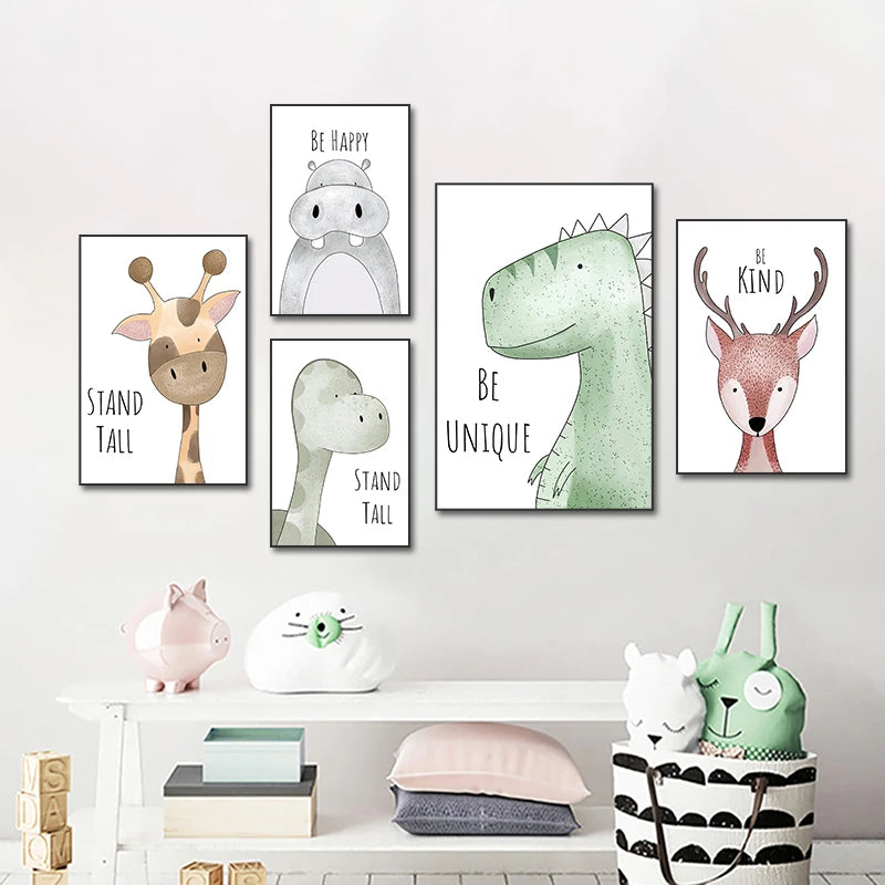 Cute Cartoon Animal Poster for Kid's Room Giraffe Dinosaur Fox Picture Prints Canvas Painting on the Wall Living Room Home Decor - NICEART