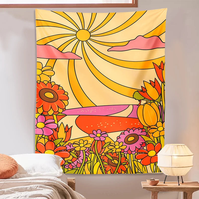 Retro 70s tapestry Floral Pattern rainbow sun Landscape Art 60s Wall Art Abstract Landscape Vintage Boho Home Decor Wall Hanging