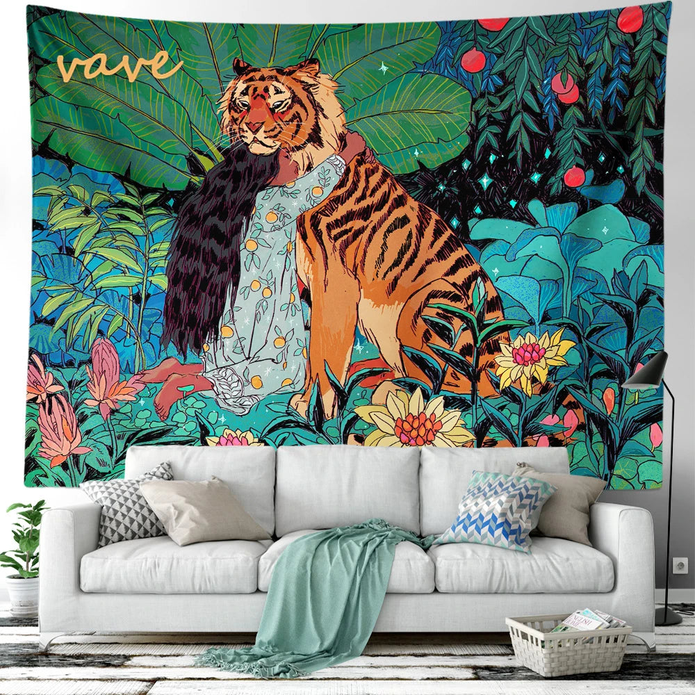 Hippie Psychedelic Tiger Tapestry Wall Hanging Boho Room Decor Aesthetic Mysterious Flower Jungle Moon Landscape Forest Tapestry