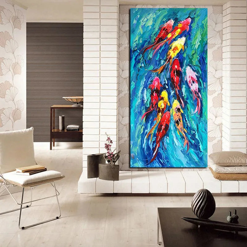 Wall Art Picture Chinese Style Abstract Nine Koi Fish Landscape Oil Painting On Canvas Print Poster For Living Room Modern Decor - NICEART