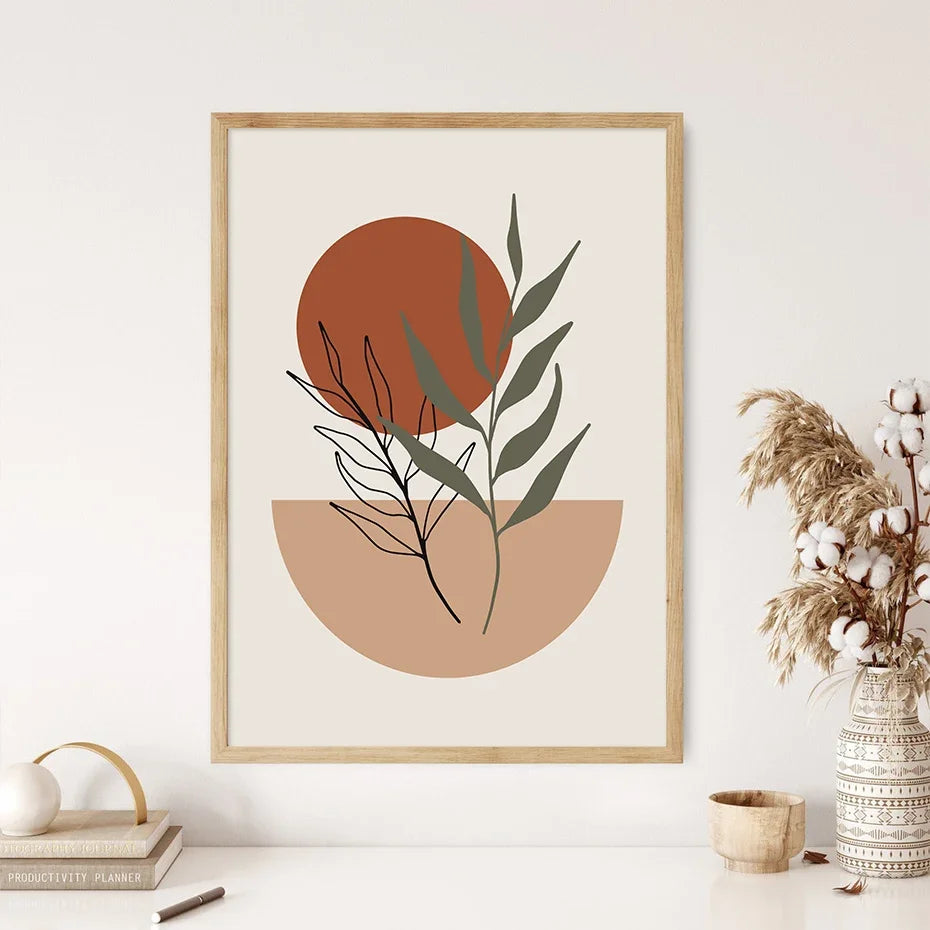 Boho Minimalist Orange Beige Green Leaf Semicircle Poster Line Wall Art Print Picture Abstract Canvas Painting Living Room Decor - NICEART