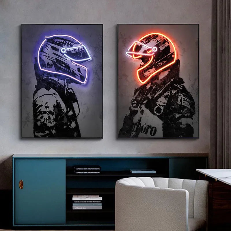 Abstract Ayrton Senna Neon Helmet Wall Art Canvas Painting Motorcycle Racing Posters and Prints Sport Picture for Home Bar Decor - niceart