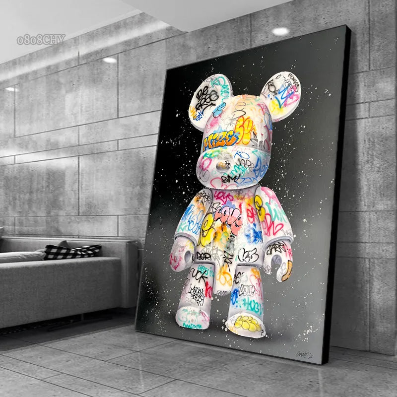 Cute Bear Graffiti Canvas Painting Cartoon Character Pop Art Posters Prints Street Wall Art Picture for Home Kawaii Room Decor - NICEART