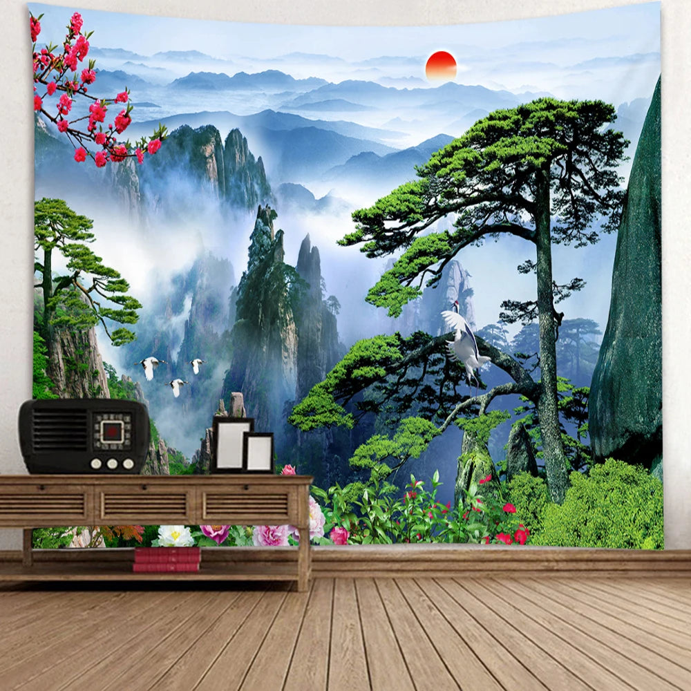 Nature Landscape Tapestry Chinese Scenery Painting Home Decor Mountain Waterfall Sunset Flower Wall Hanging Wall Decoration