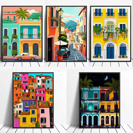 Modern Travel Illustration Italy Famous Cities Poster Colorful Architecture Print Abstract Art Canvas Landscape Room Home Decor - NICEART