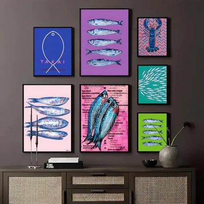 Colorful Sardine Lobster Fish Ocean Animal Sticky Posters Wall Sticker DIY Living Room Bar Cafe Posters Decorative Painting Wall - NICEART