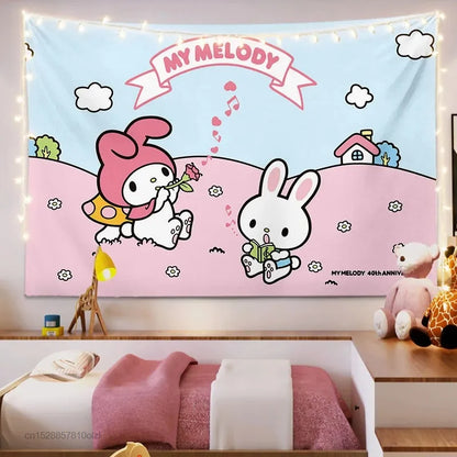 Kawaii Sanrio Hello Kitty Tapestry My Melody Cinnamoroll Kuromi Cartoon Cute Textile Wall Covering Cute Girl Living Room Decor