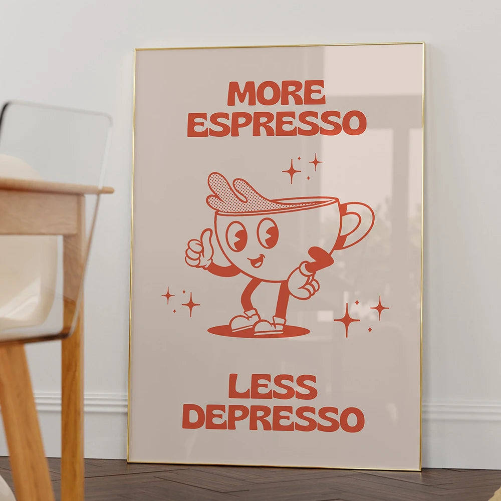 Retro Cartoo Character Coffee Canvas Painting Print Fun Kitchen Poster More Espresso Less Depresso Quotes Wall Art Picture Decor - niceart