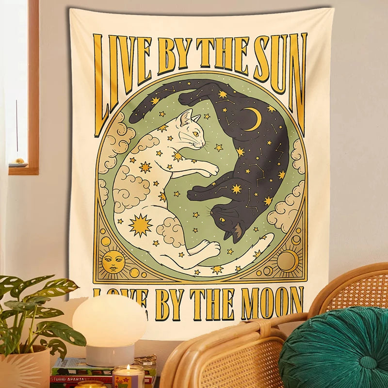 Sun Moon cat Tapestry Wall Hanging Tarot retro black white cat psychedelic love star for Living Room Home Dorm Decor Cloth gift - NICEART