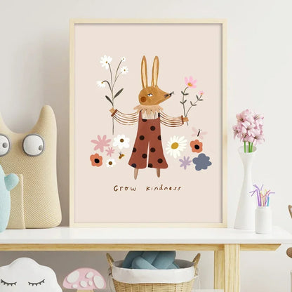 Dog Rabbit Goose Bear Fox Mouse Wildflower Cartoon Poster Wall Art Canvas Painting and Prints Wall Pictures Baby Kids Room Decor - NICEART